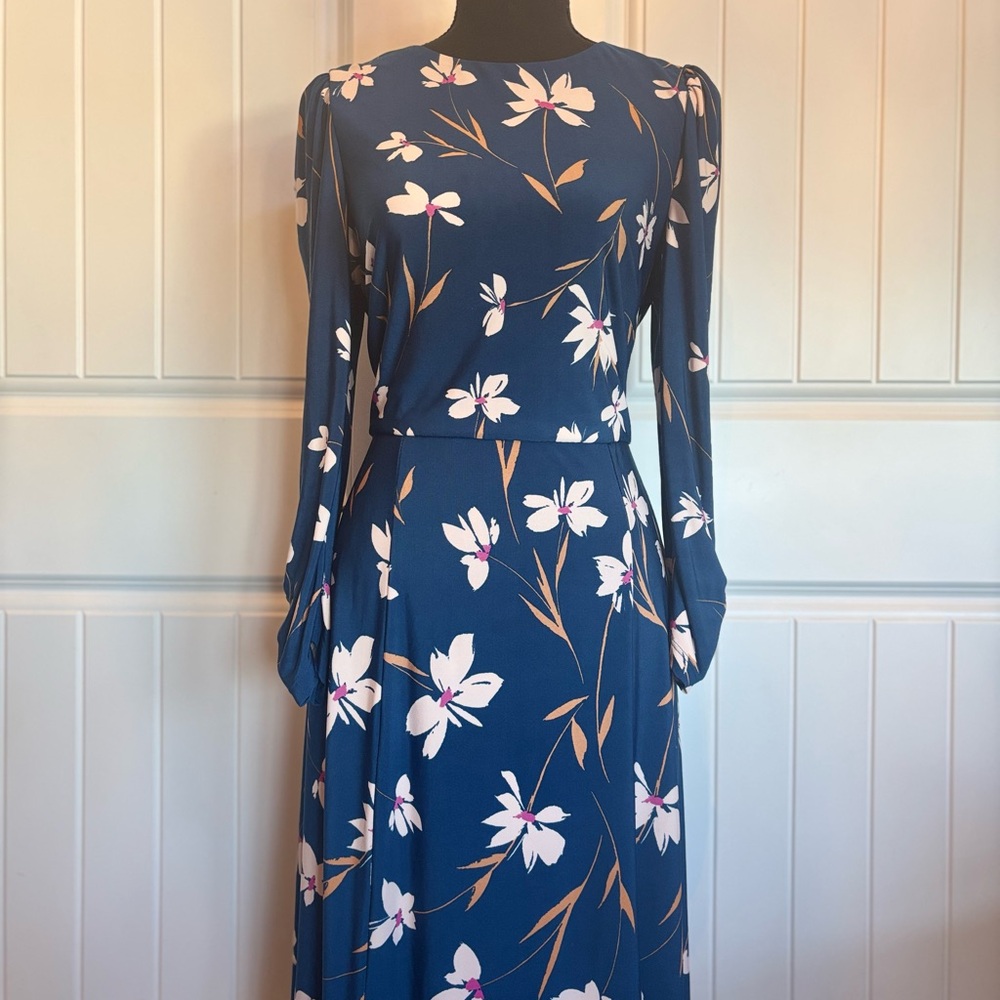 Eliza J Blue Off-the-Shoulder Gown with Bishop Sleeves